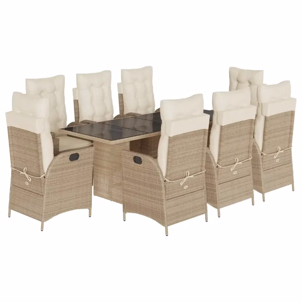Set da pranzo da giardino vidaXL in polyrattan con cuscini beige e piano in vetro, 9 pezzi – 2