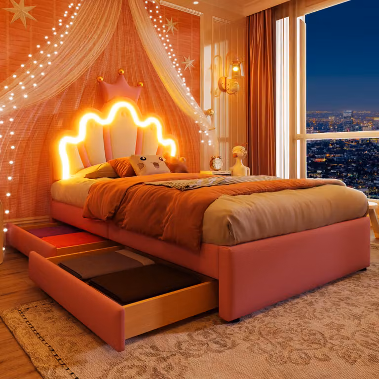 Letto imbottito Merax 90x200cm, letto da principessa con luci LED, testata regolabile, 2 cassetti, design a , PU, letto per bambini, letto per giovani, rosa