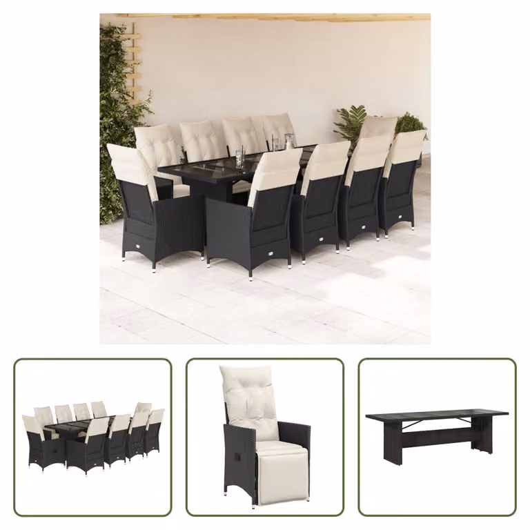 The Living Store Set bistrot da giardino da 11 pezzi con cuscini in poly rattan nero