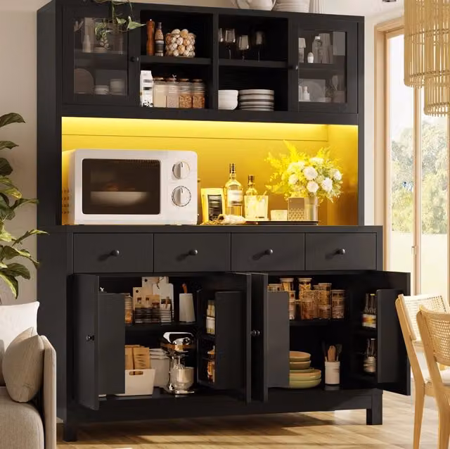 Credenza alta 140 x 38;5 x 180 cm con LED RGB app; ante in vetro e 4 cassetti; nera