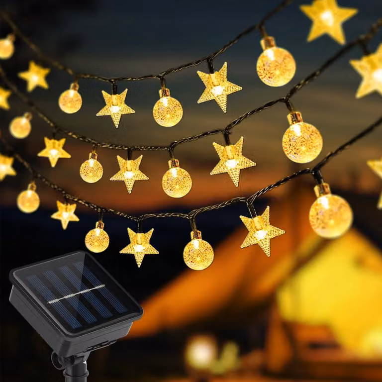 Catena luminosa solare, 7 metri, 50 LED, grado di protezione IP65, 8 modalità, con sfere di cristallo e stelle