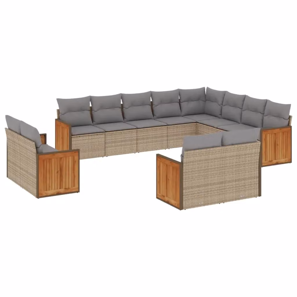 vidaXL Set Divani da Giardino a Forma di U con Cuscini Beige e Grigio in Polyrattan e Legno di Acacia – 2