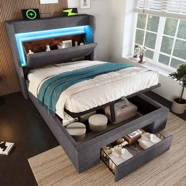 Letto singolo contenitore 90 × 200 cm, LED regolabile, USB e USB-C, cassetto, senza materasso, in lino grigio
