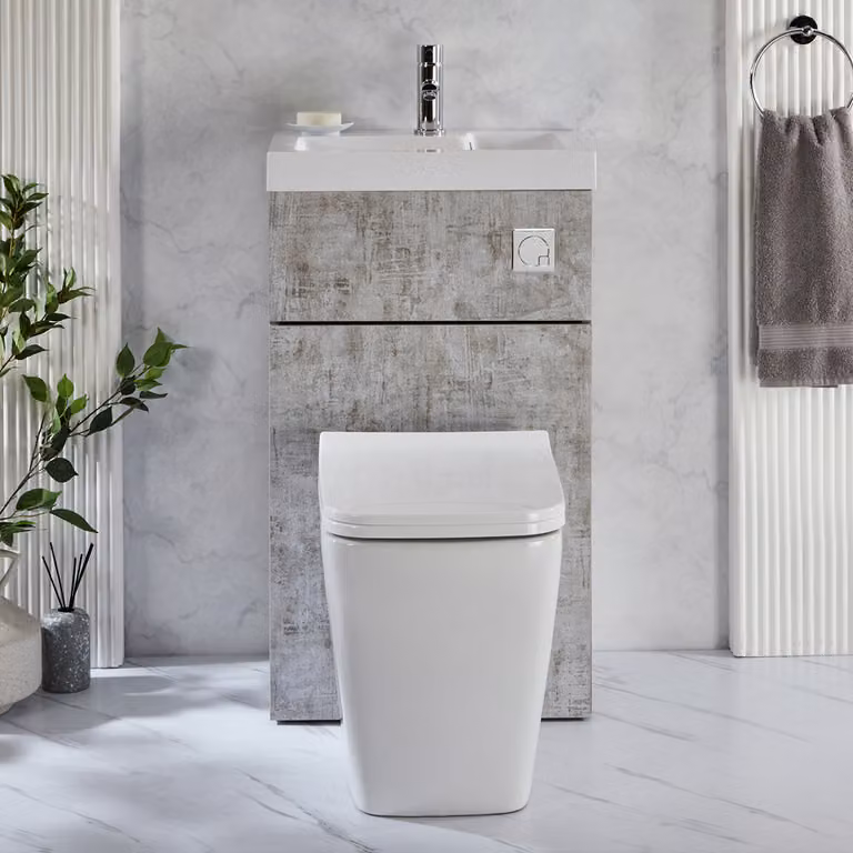 Set Sanitario Sanford Moderno con Lavabo Integrato - Grigio Cemento - 500mm x 890mm - Pulsante di Scarico Cromato