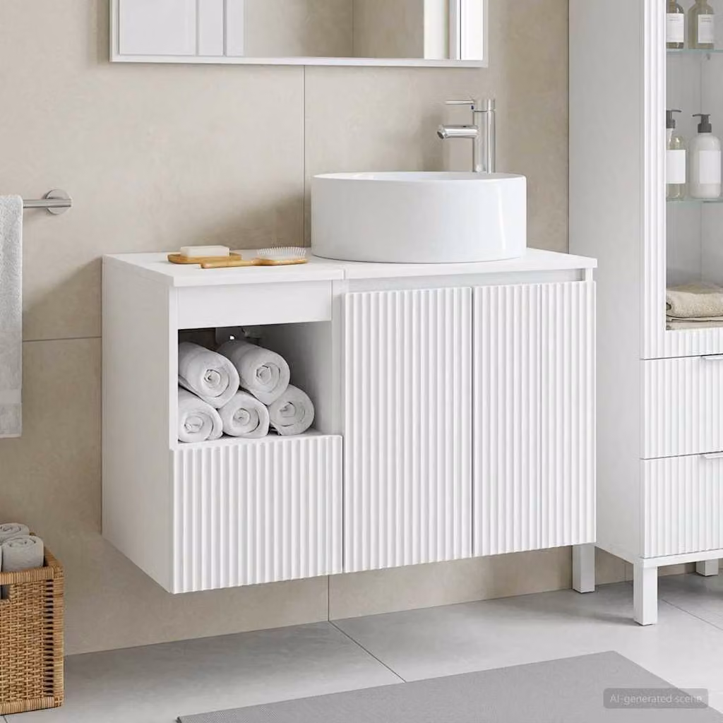 Set di mobili da bagno moderno vidaXL composto da mobile sottolavabo e pensile bianco in legno MDF L/P/H: 80,0 x 44,5 x 49,5 cm e 44,5 x 37,7 x 37,7 cm