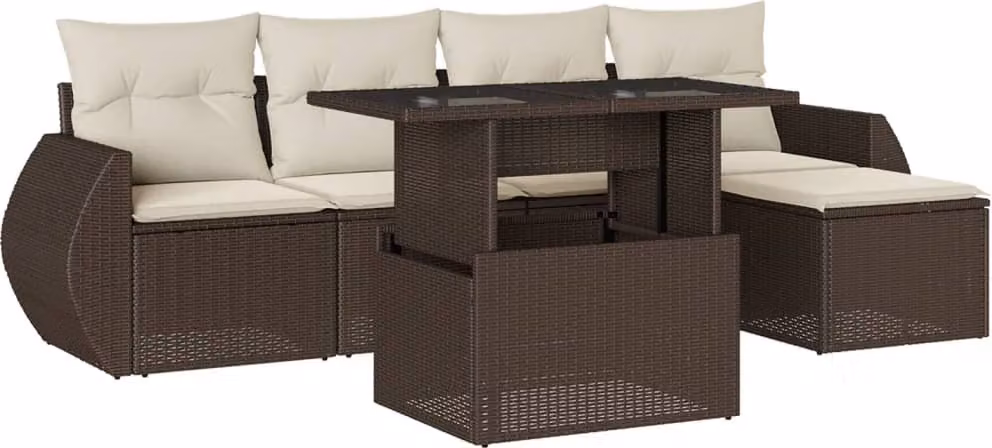 Set Divano da Giardino 6 pz con Cuscini Marrone in Polyrattan