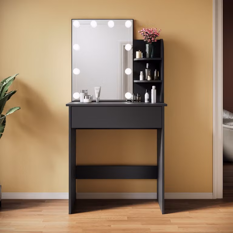 SONNI cassettiera nera 70x40x140cm Cassettiera con luce LED a luminosità regolabile con specchio e cassetto