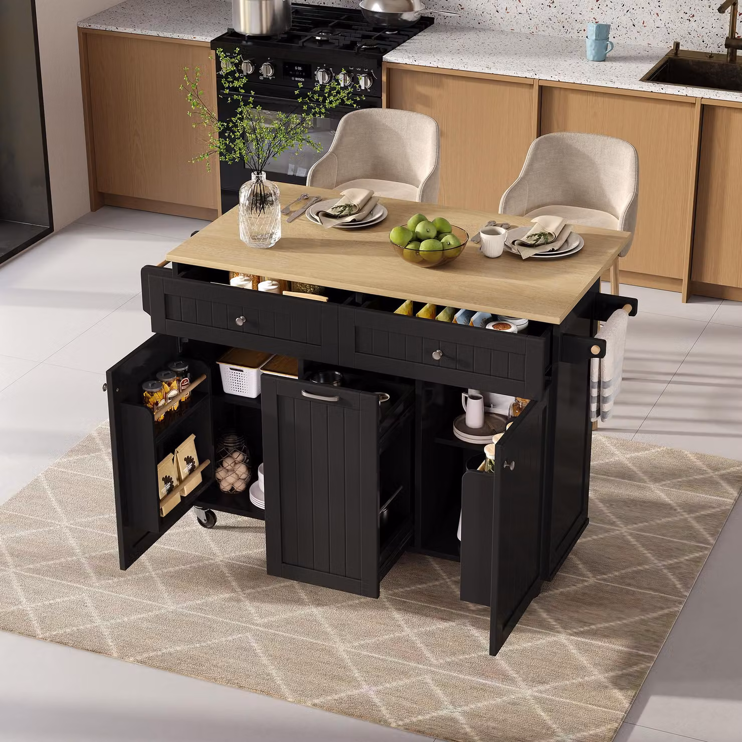 MODFU Isola da cucina allungabile con piano di lavoro pieghevole e cassetto, tavolo da pranzo con cassetti multifunzionali e cinque ruote piroettanti, nero