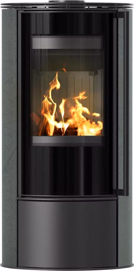Stufa in acciaio KRATKI ERIK Ø 150 5,5 kW Vetroceramica decorativa SERPENTINO rivestimento nero