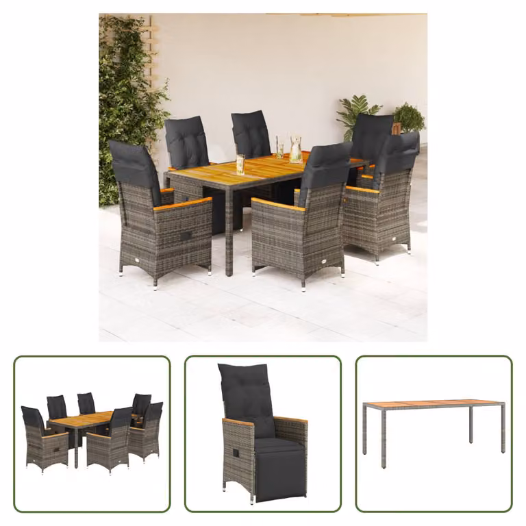 The Living Store Set bistrot da giardino 7 pezzi con cuscini in poly rattan grigio