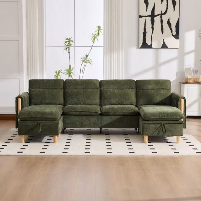 Divano modulare a U 4 posti con due pouf contenitore e tasche laterali, in ciniglia verde, 261 × 77 × 86 cm