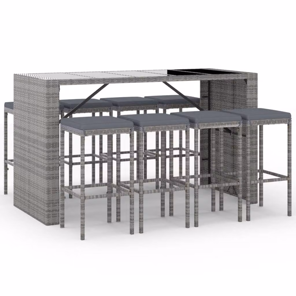 Set Bar da Giardino 9 pz con Cuscini in Polyrattan Grigio