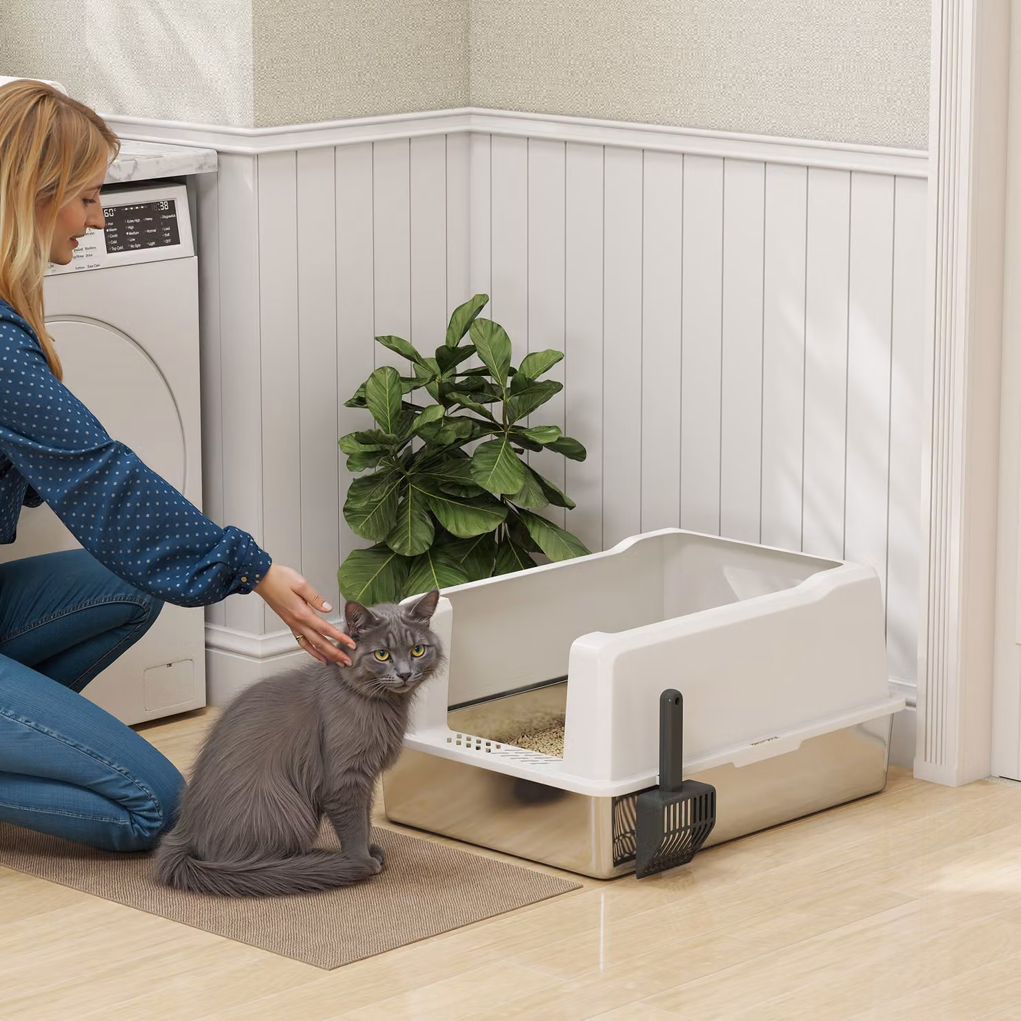 Lettiera per gatti PawHut impermeabile con pareti rialzate, vassoio e paletta in ABS, Bianco, L: 71 cm, P: 50.8 cm, H: 35.5 cm – 2