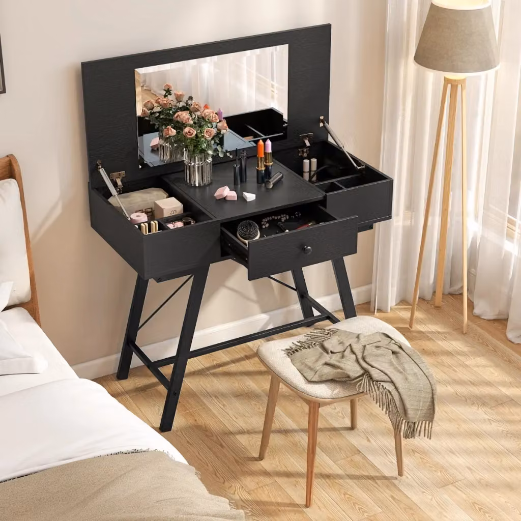 Scrivania da trucco 2 in 1 con specchio a ribalta e stazione di ricarica in stile industriale, colore nero – 2