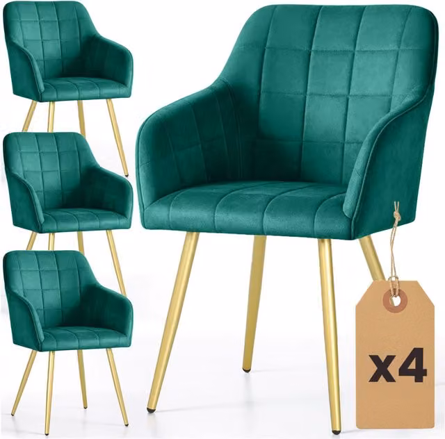 Set di 4 Sedie imbottite con cuciture quadrate LUXANO Verde Bottiglia gambe oro