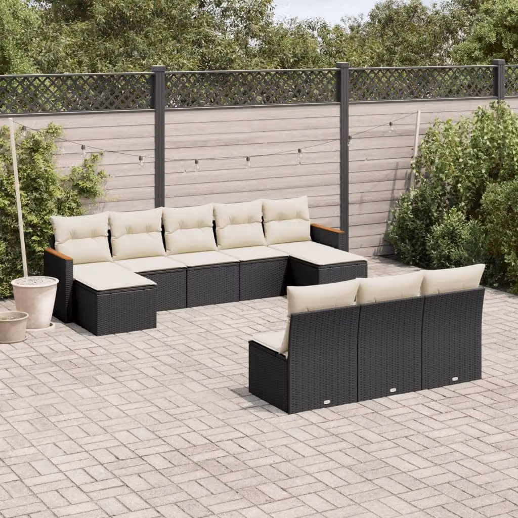 vidaXL Set Divani da Giardino a Forma di U in Polyrattan Nero con Cuscini e Coperture Rimovibili – 1