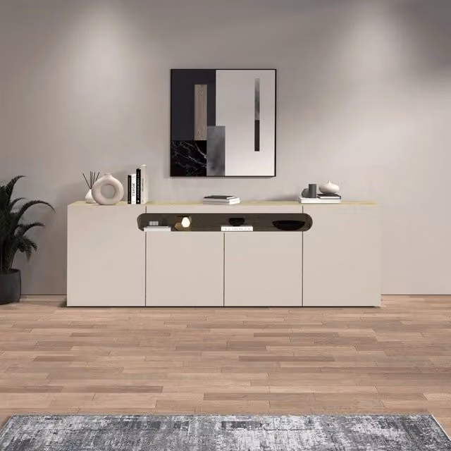 WHOUS Credenza Real con 4 ante e 1 vano aperto cashmere e rovere chiaro 200x40x80 cm