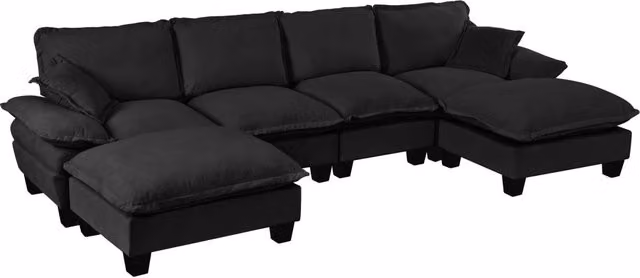 Divano modulare ad angolo a U 6 posti in tessuto chenille nero 323x155x90 cm con pouf removibile