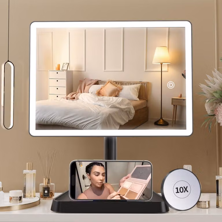 Specchio da trucco con luci LED, 96 LED, ingrandimento 10x, rotazione a 360°, batteria da 2000 mAh