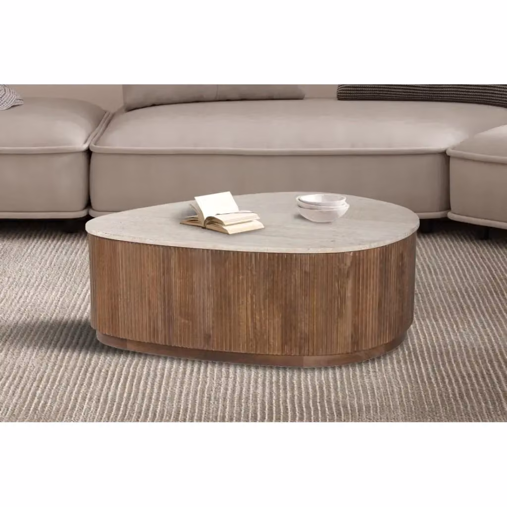 Tavolino basso etnico Meublorama in legno di mango e pietra naturale color beige e marrone – 2