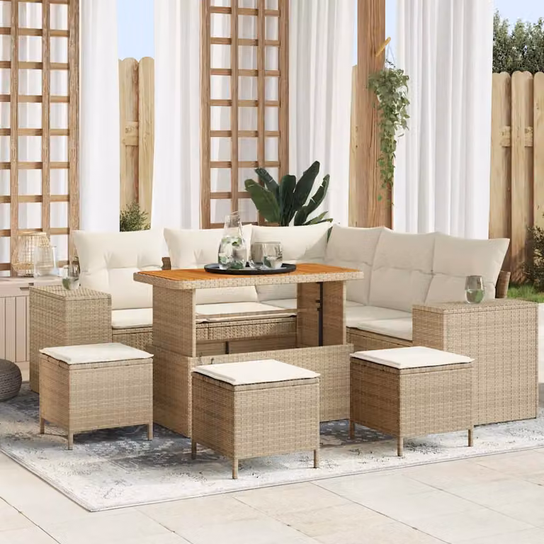 vidaXL Set Divano da Giardino 9 Pezzi a Forma di L con Cuscini Beige e Bianco