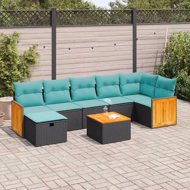 Set Divani da Giardino a L vidaXL in Polyrattan con Cuscini e Tavolino, 8 Pezzi, Nero