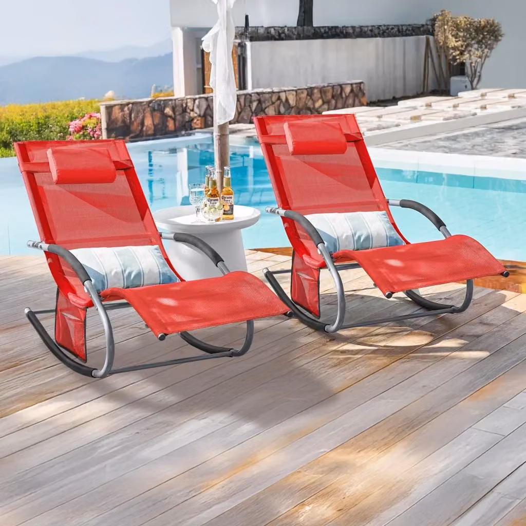 Set di 2 Sdraio a dondolo SoBuy con poggiatesta regolabile in acciaio verniciato rosso, L: 150 cm, P: 63 cm, H: 87 cm – 2