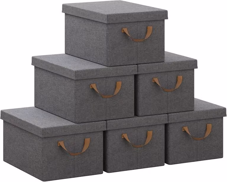 Contenitori pieghevoli da 6 pezzi con coperchio e maniglie, colore grigio, dimensioni 38x27x20 cm
