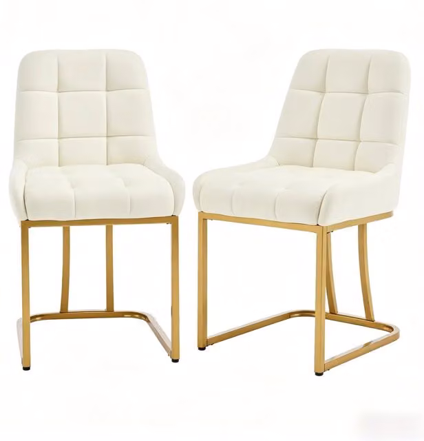 Set di 2 Sedie da Pranzo in Velluto Beige con Struttura in Metallo Oro, 39x45 cm