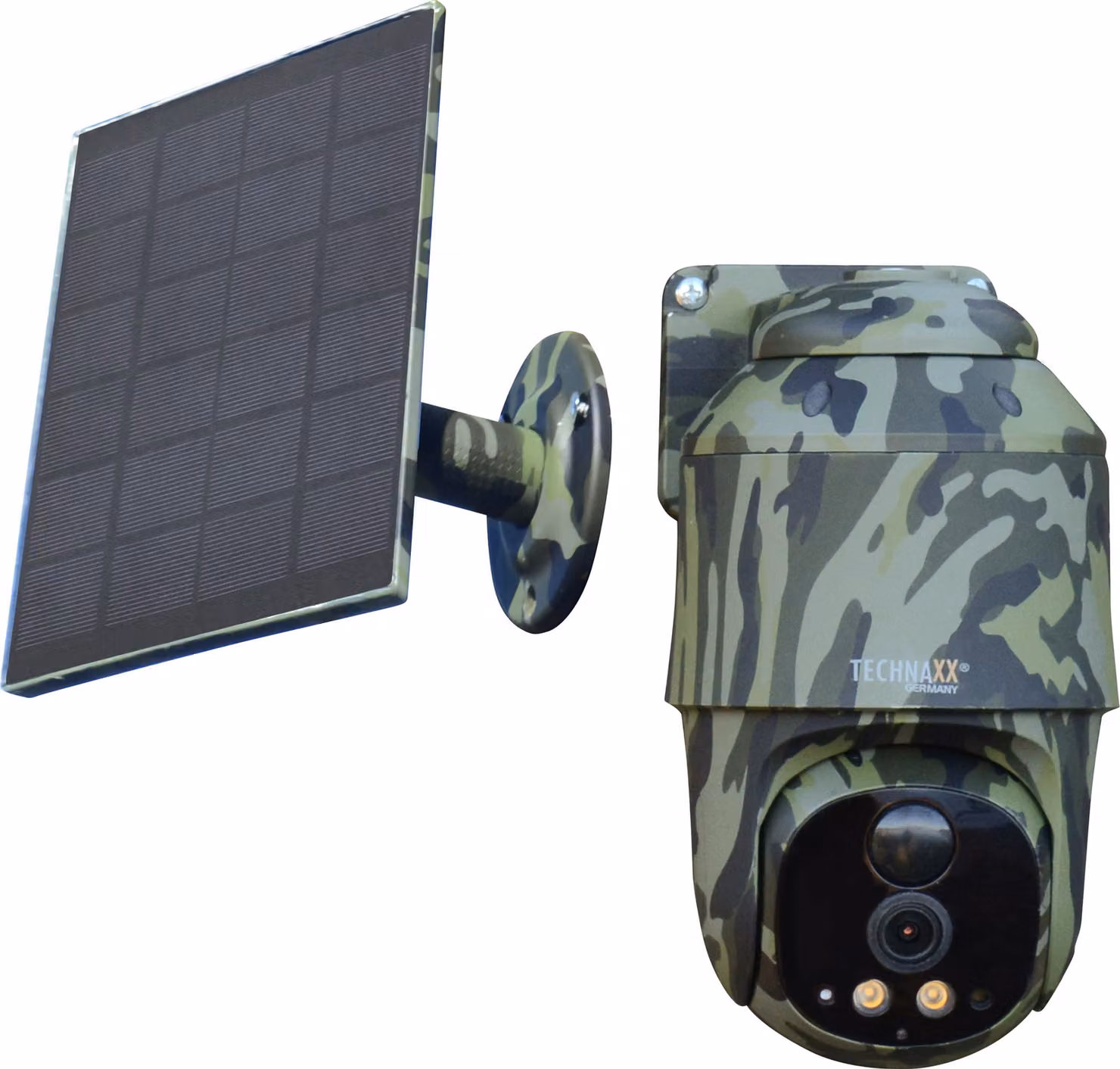 Telecamera di sicurezza esterna Technaxx 4G PT Dome TX-290 con pannello solare da 5W - Rotazione a 360°, video FullHD 4MP, visione notturna, rilevamento del movimento tramite sensore PIR, grado di protezione IP65, audio bidirezionale, supporto per schede