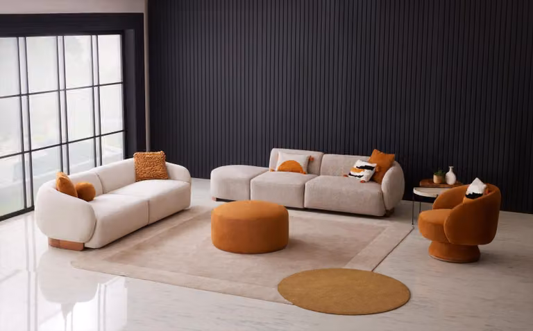 Set elegante per soggiorno, composto da divani, poltrone e poggiapiedi
