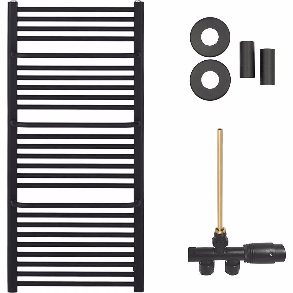 Set radiatore per bagno Antonio - riscaldamento centralizzato - attacco laterale a un punto - 857W - nero opaco - 1460x550 mm