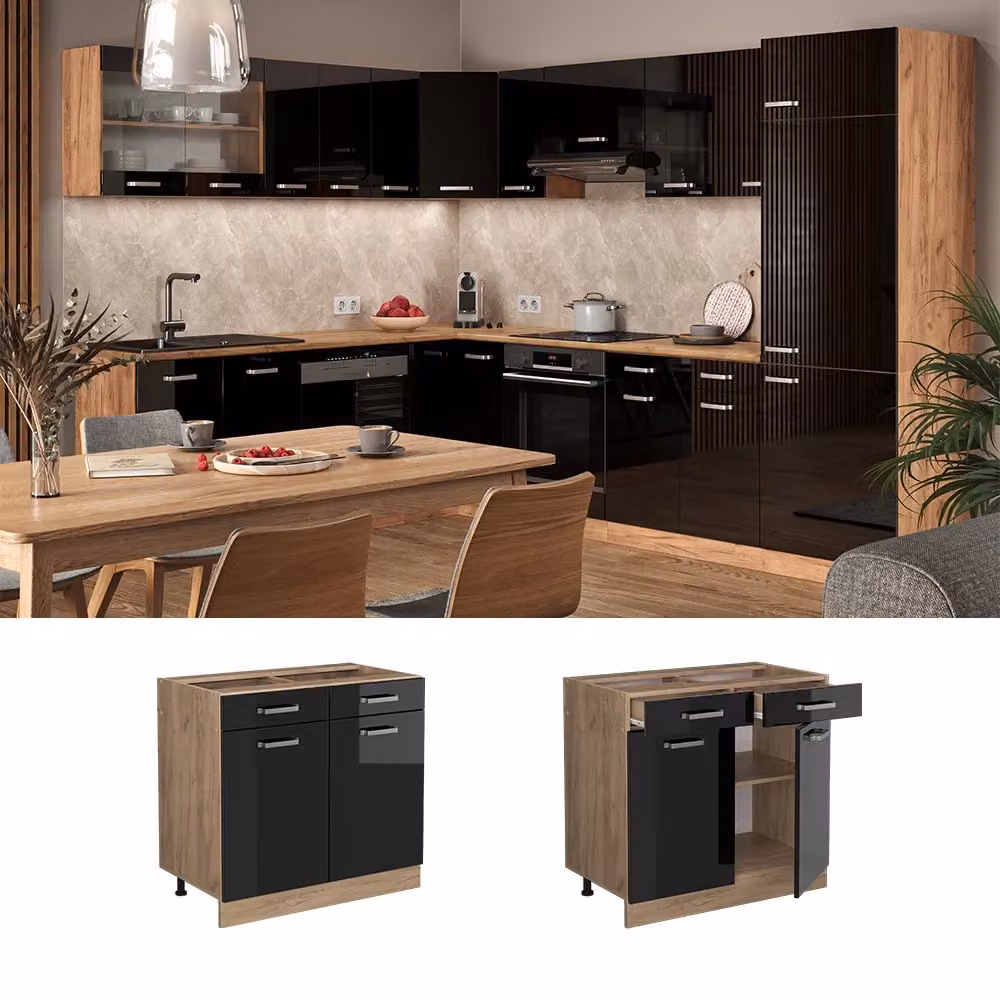 Mobiletto base per cucina Vicco R-Line moderno in nero lucido e rovere con ante a battente e cassetti L: 80 cm, P: 46 cm, H: 81,6 cm – 2
