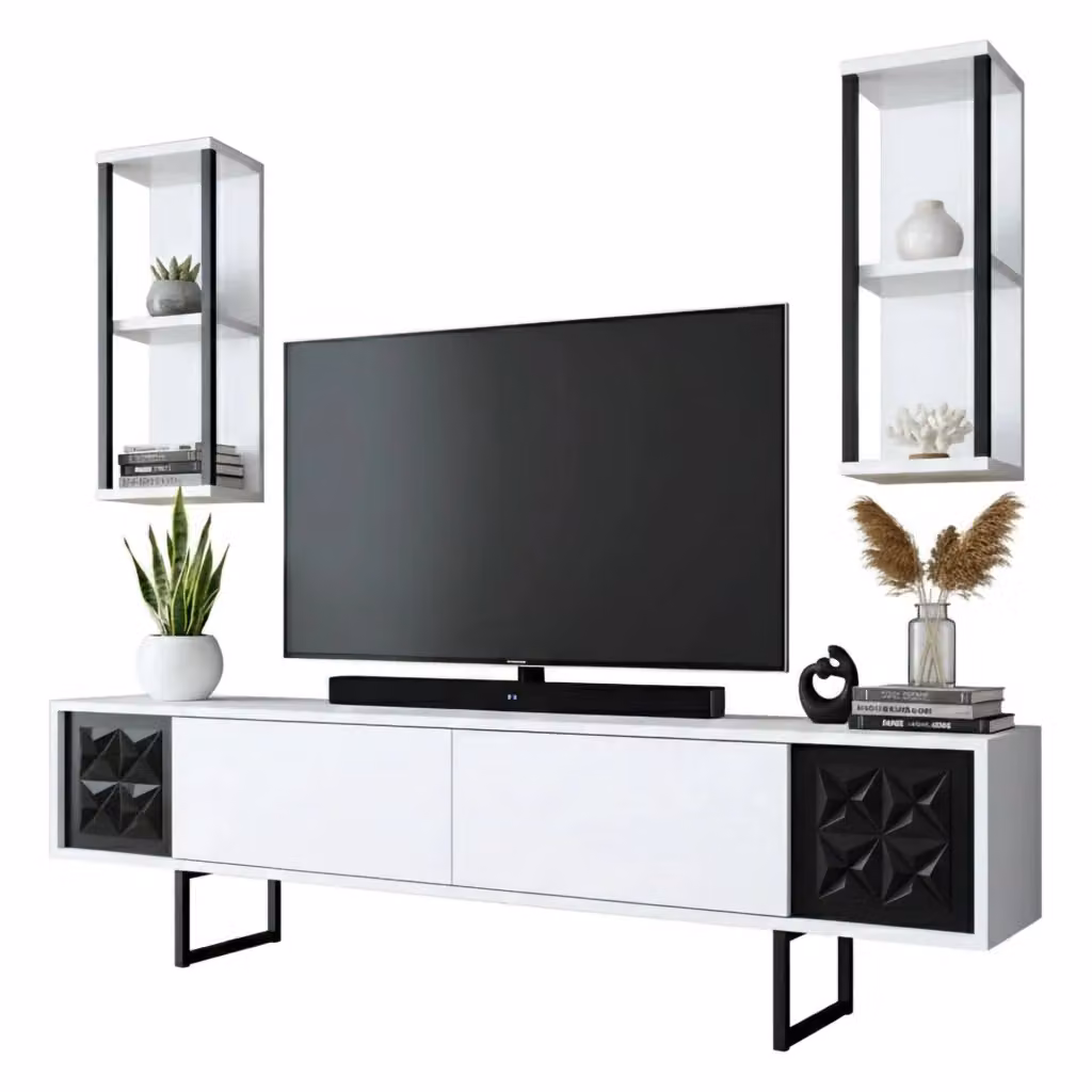 Mobile porta TV Axa DMORA, Credenza moderna per soggiorno in metallo, Bianco e Nero, L: 180 cm, P: 30 cm, H: 48 cm – 2