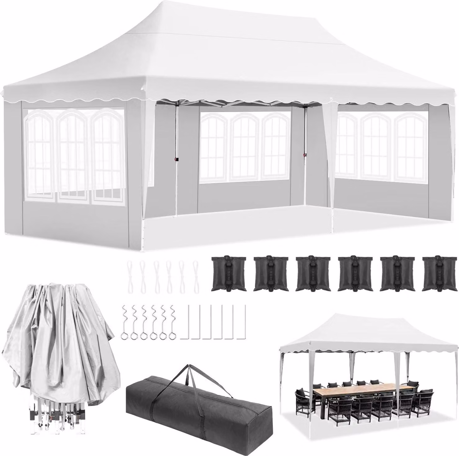 Gazebo pieghevole - Tenda pop-up per feste - 3x6 m - HDPE impermeabile rivestito inPoliuretano- UV50+ - Regolabile in altezza - Struttura in alluminio - 4 pareti laterali + 6 sacchetti di sabbia - Bianco