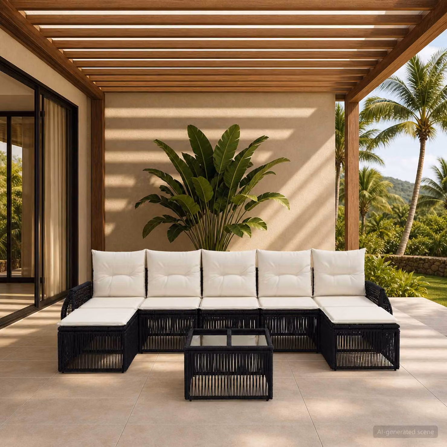 Set Divano da Giardino vidaXL 8 Pezzi in Polyrattan con Cuscini, Colore Nero e Bianco Crema