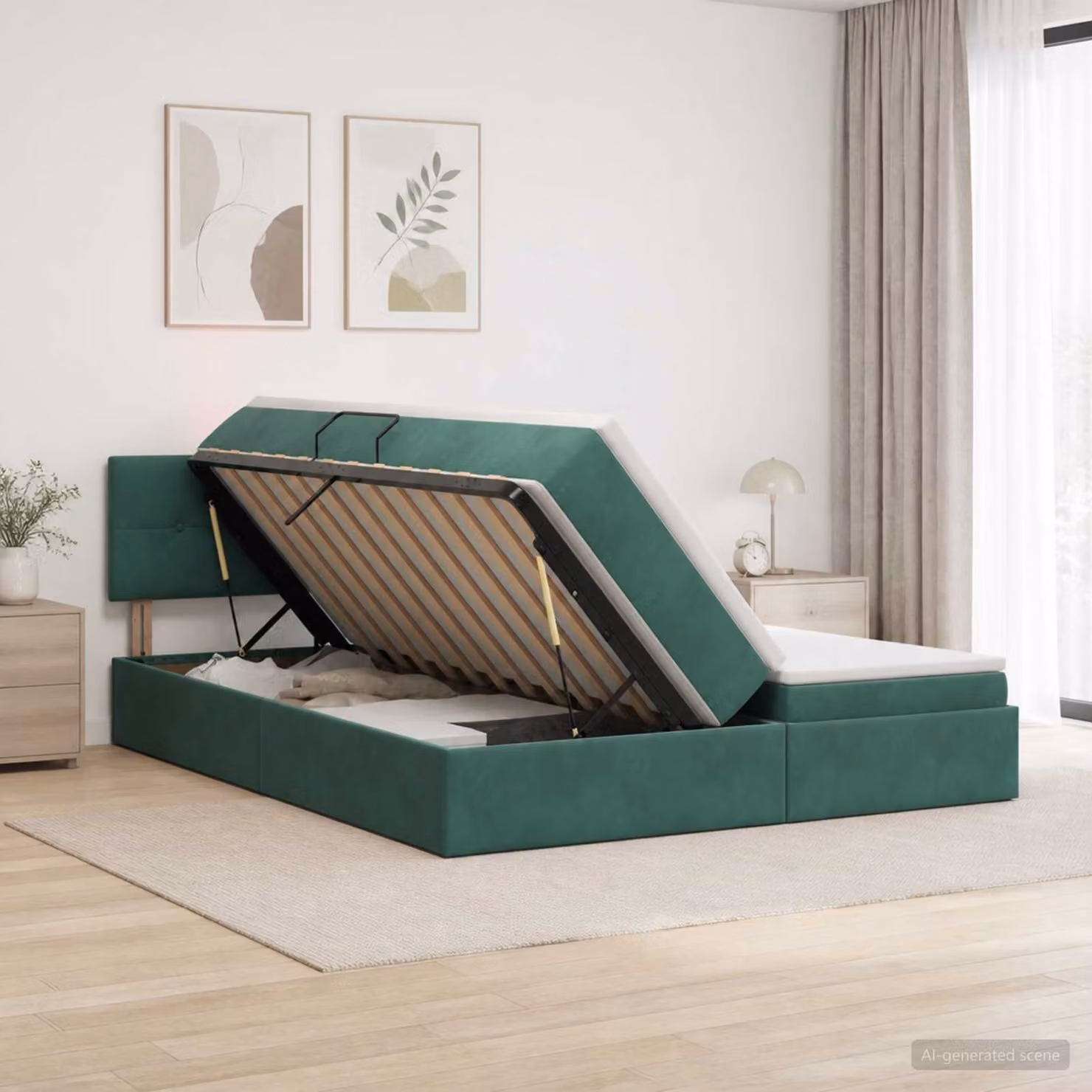 Letto con contenitore e testiera vidaXL in velluto verde scuro e bianco, L/P/H: 200 x 180 x 140 cm