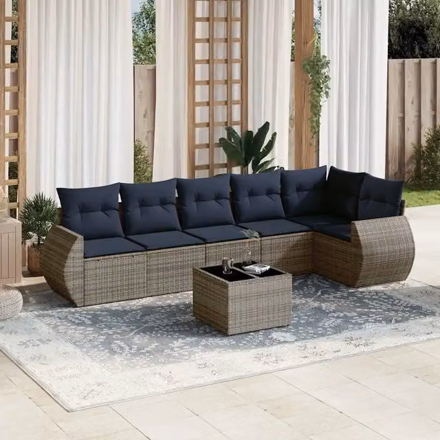 Set da giardino moderno vidaXL composto da 7 pezzi in rattan con cuscini grigi e blu e struttura in metallo – 1