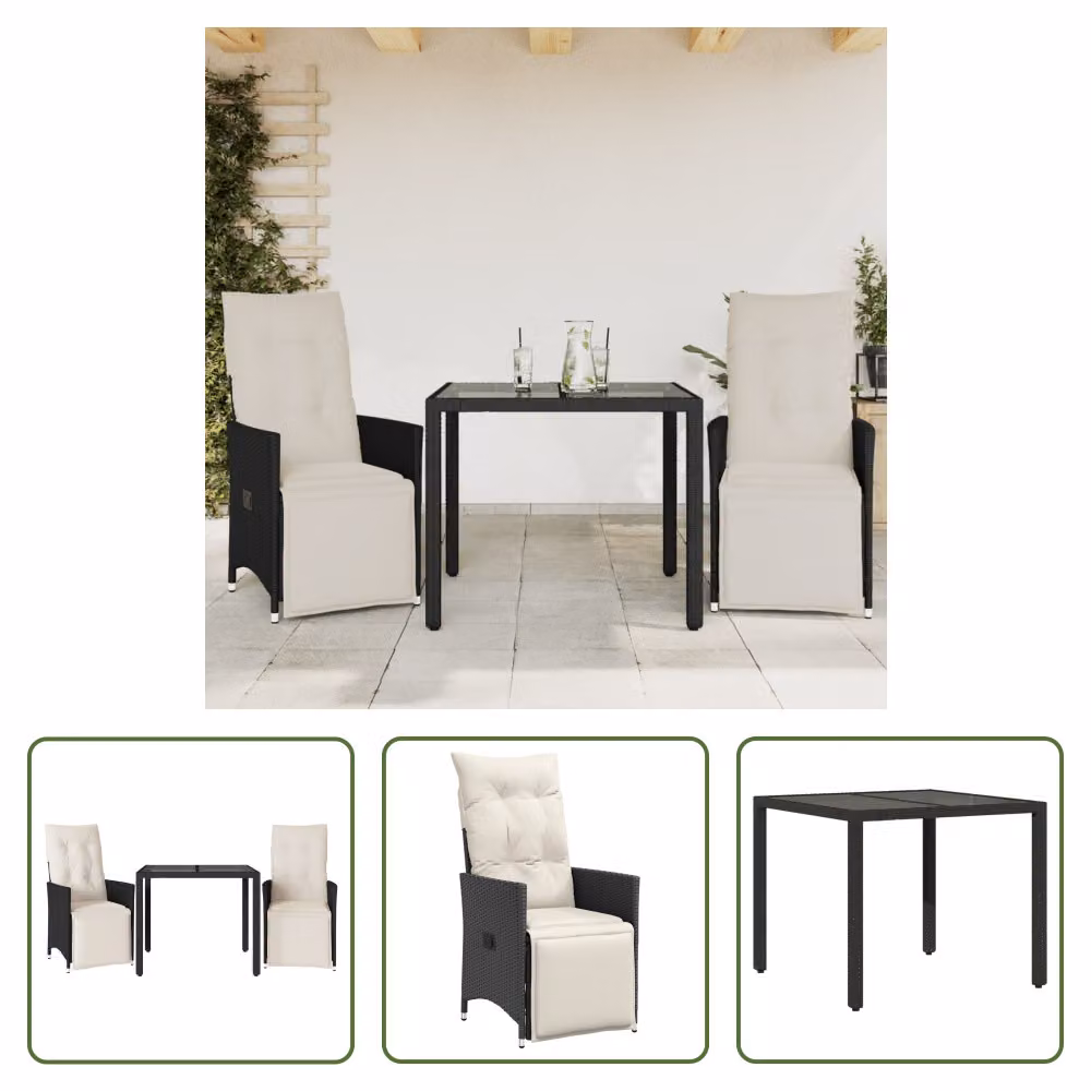 The Living Store Set bistrot 3 pezzi con cuscini in poly rattan nero