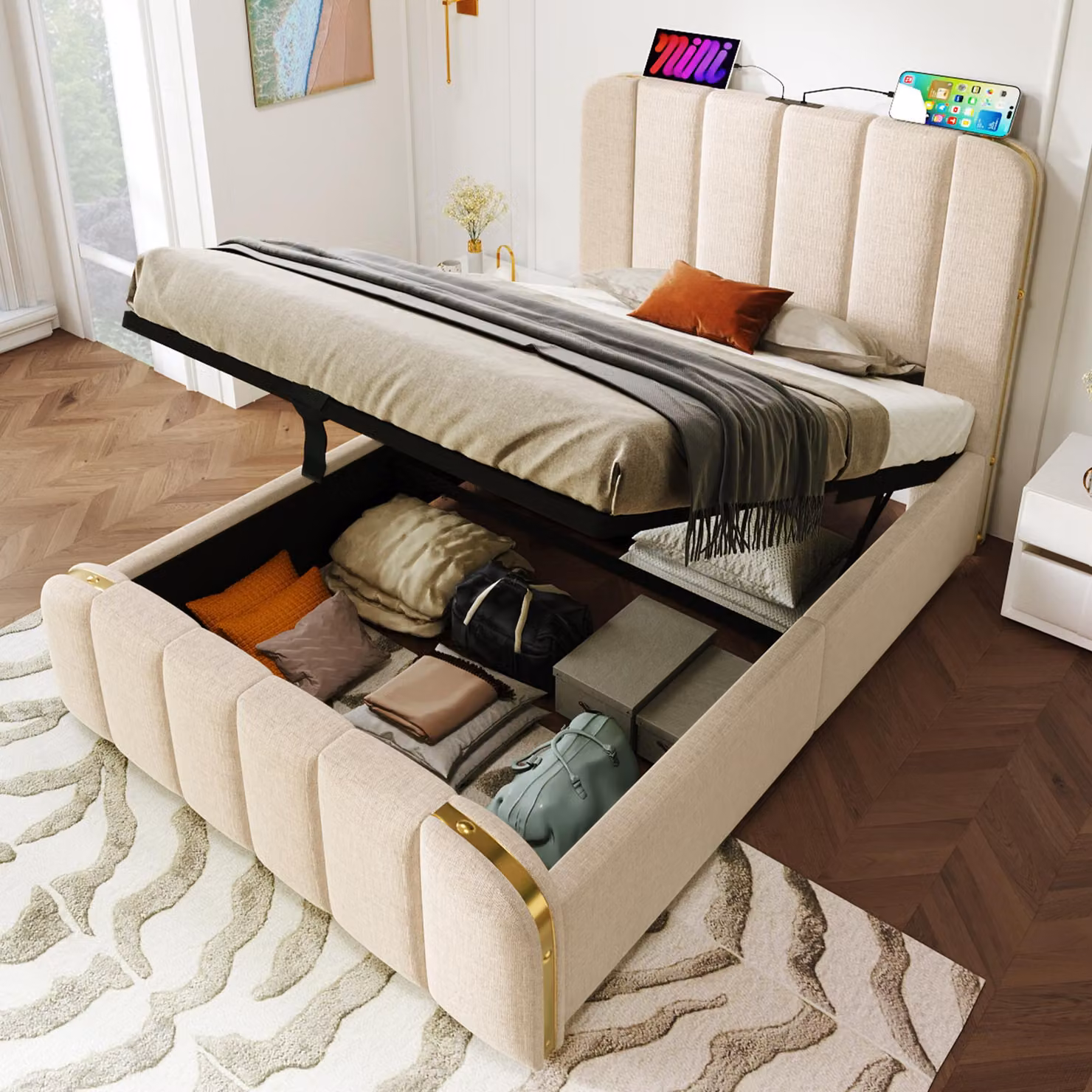 Letto singolo imbottito, testata con finiture dorate e USB Type-C 90 x 200 cm, letto contenitore idraulico senza materasso