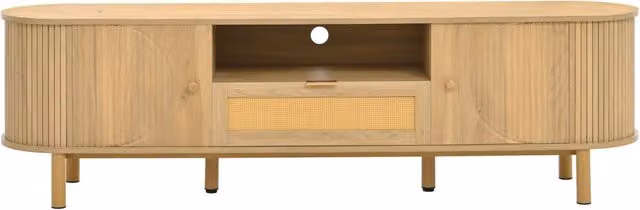Set mobili per soggiorno con tavolino regolabile in altezza e mobile TV in MDF effetto legno, con ampi spazi contenitivi e dettaglio in rattan
