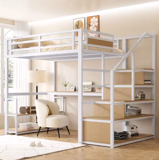 Letto a soppalco 140x200 cm in metallo con scala contenitore; ripiani e tavolo; bianco