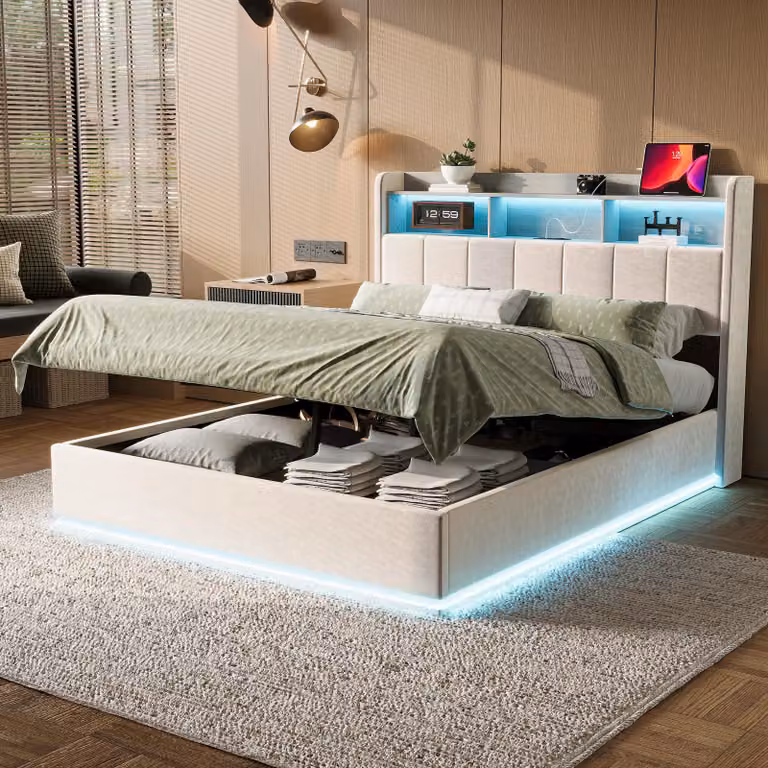 Letto imbottito Fortuna Lai 140x200 cm, LED, USB, letto contenitore con rete a doghe, letto giovanile in velluto, beige