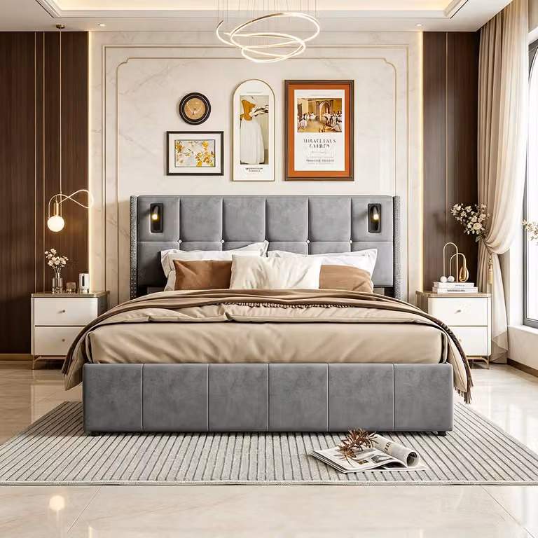 INONEFT, Letto con rete a molle, imbottito con spazio contenitore, 160 x 200 cm, letto matrimoniale con sistema di sollevamento idraulico, letto per adolescenti, letto multifunzionale, in velluto, grigio