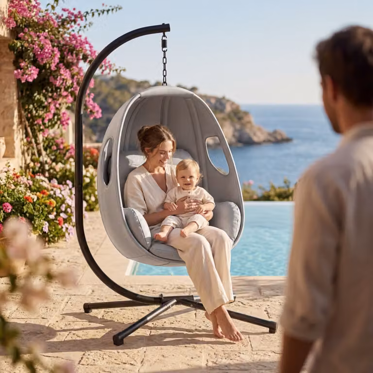 Poltrona sospesa a uovo tectake Anika grigio con supporto e cuscini inclusi H 201 cm, L 100 cm, P 97 cm