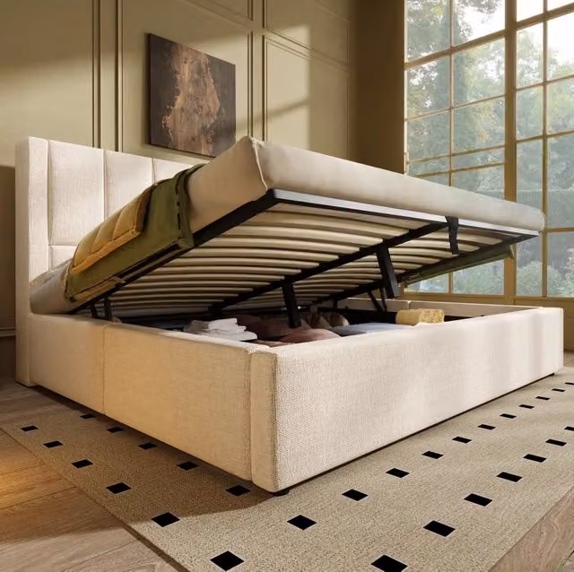 Letto matrimoniale imbottito 160x200 cm con contenitore idraulico; portabicchieri e stazione di ricarica; beige
