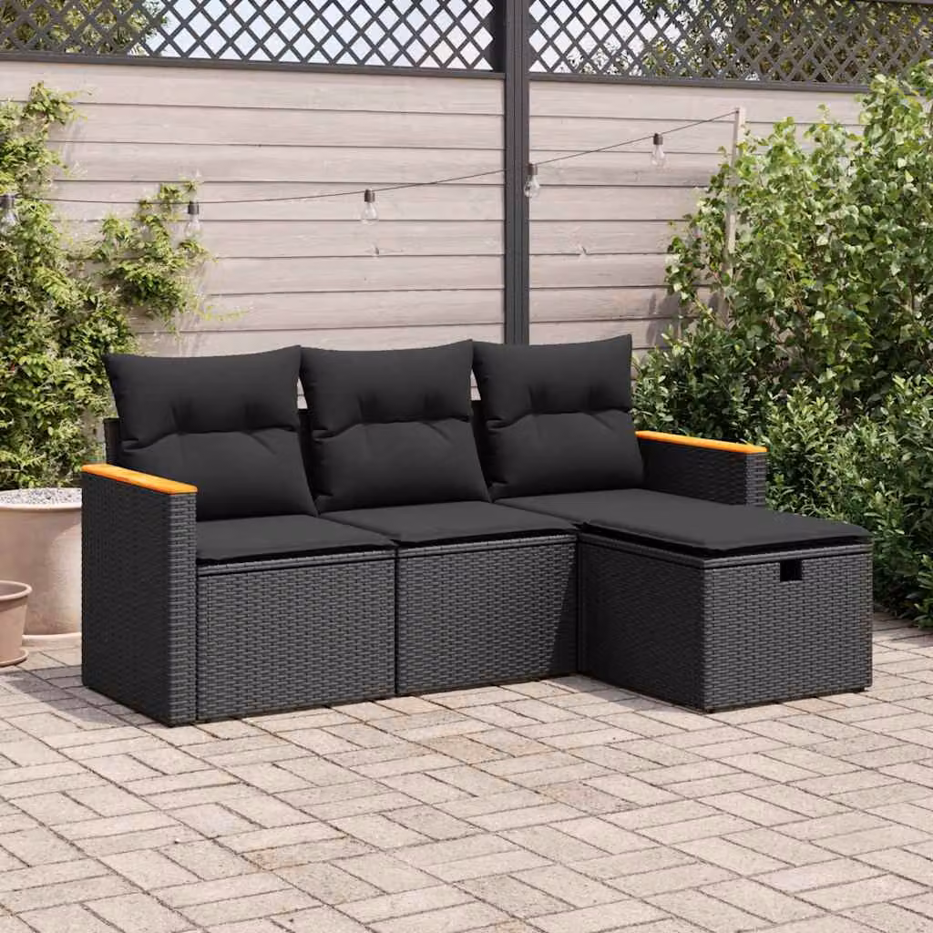 Set di divani da giardino vidaXL in polyrattan nero con cuscini, componibile a L con divano a 2 posti, poltrona, elemento angolare e pouf