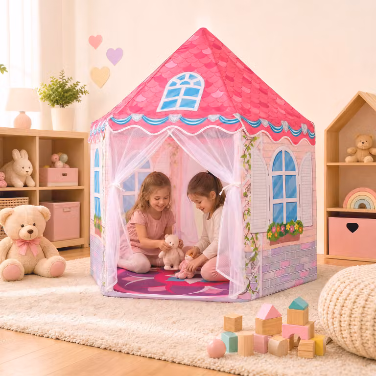 Tenda gioco a capanna Costway per bambini con tappetino protettivo, lavabile e traspirante, colore rosa