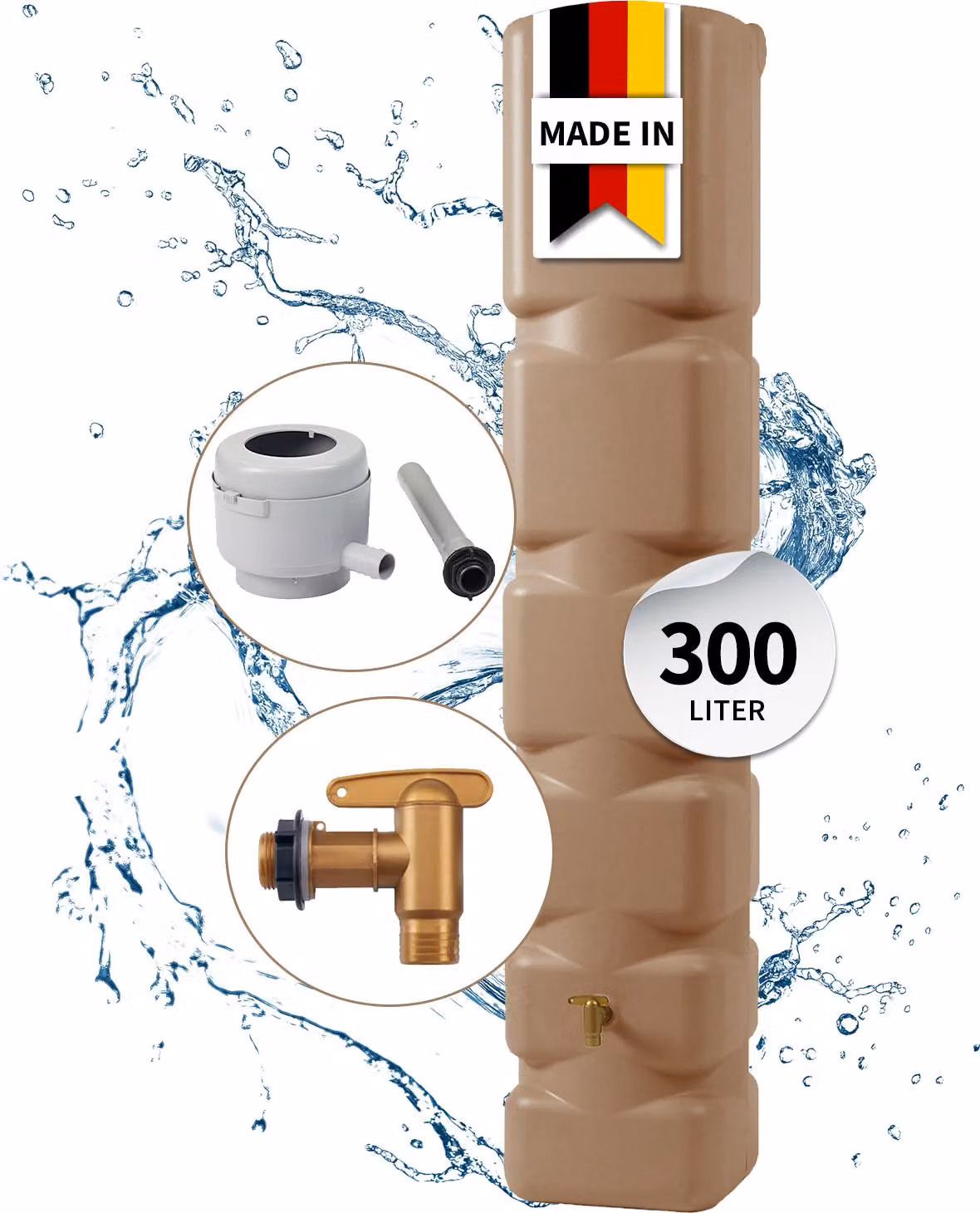set completo di serbatoio a parete 4rain BASIC da 300 litri color tortora incl. rubinetto di scarico in plastica e raccordo per pluviale