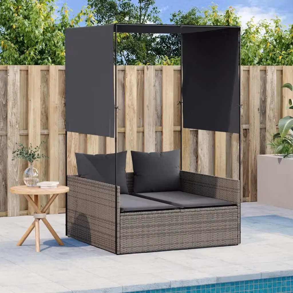Lettino prendisole da giardino doppio con tenda parasole in polyrattan grigio – 2